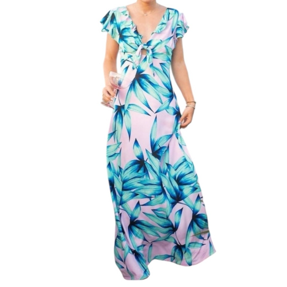 Olivaceous NWOT Women’s Palm Print Tie Front Short Sleeve Maxi Dress Sz S